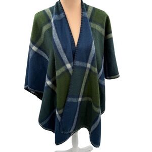 Woolrich Plaid Open Front Cape Wrap Green Blue One Size Blanket Poncho